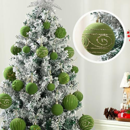 Suzile Velvet Christmas Ornaments Set - Moss Green Holiday Decorations, 18 Pcs