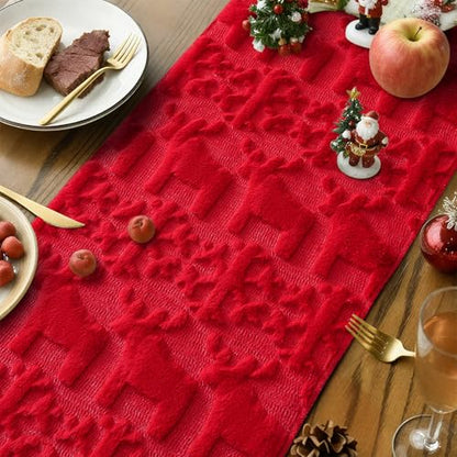 Christmas Snowflake and Elk Plush Faux Fur Jacquard Table Runner 13x90 Inch - Red