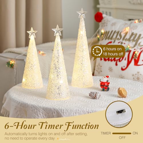 Lewondr LED Glass Christmas Tree Set - White Glitter Beads, 3PCS Variation White