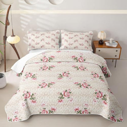 Pink Yellow Rose Quilt Set for All Season Bedspread Full Size with 2 Pillowcases - Romantic Bedding