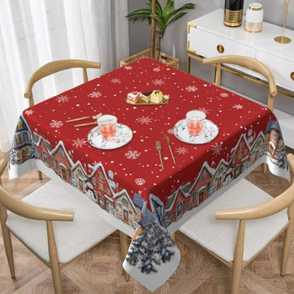 Red White Xmas Square Tablecloth 54x54 Inch Water-Resistant Washable Holiday Cover