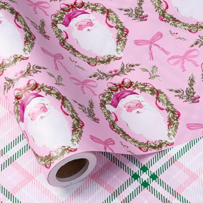 Reversible Pink Christmas Wrapping Paper with Santa & Floral Wreaths - 17 in x 16.4 ft, Festive Holiday Gift Wrap
