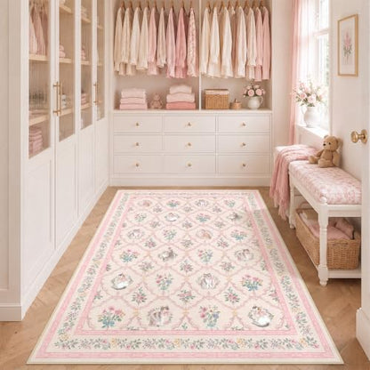 Pink Floral Cat Rug 4x6 ft - Washable Non-Slip Area Rug for Girls Bedroom & Nursery - Pink & White Vintage Design