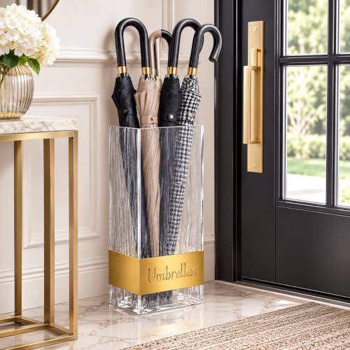 Clear Acrylic Umbrella Stand with Gold Accent - Modern Entryway Organizer