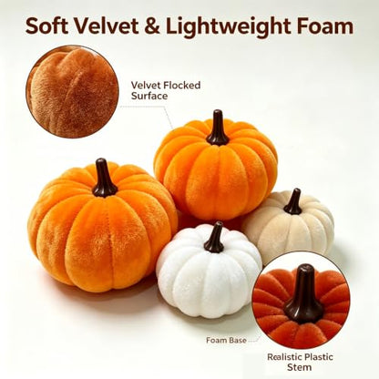 16Pcs Velvet Pumpkin Decor Set for Fall Halloween Thanksgiving - Realistic Plush Pumpkins