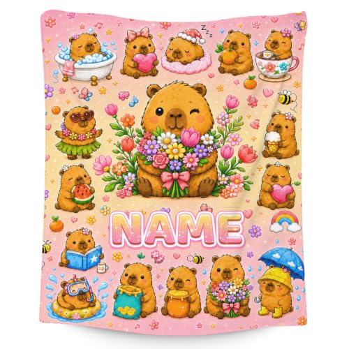 Personalized Kids Blanket with Name and Animal Pattern - Orange, 50x60 Inches