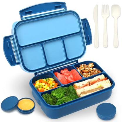 danliar Bento Box for Kids 44oz 4-Compartment Bento Box Adult Lunch Box with 2 Dressing Containers, Leakproof Lunch Containers, Built-in Utensil Set, Ideal for School & On-the-Go, BPA-Free (Blue)