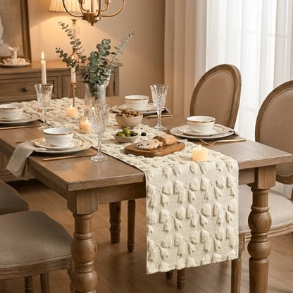 Beige Faux Fur Jacquard Bows Table Runner - 13x120 Inch Valentine Home Decor