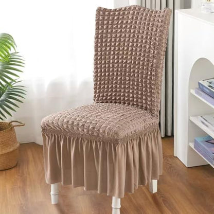 Stretchable Dining Chair Slipcover with Skirt Bubble Texture Khaki