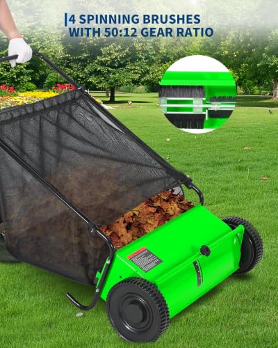 Push Lawn Sweeper 26-Inch Green with 7 Cu.Ft Hopper & Adjustable Brush