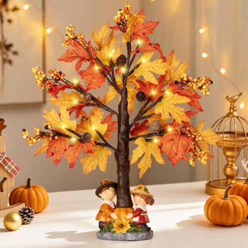 20 Inch Pre-Lit Fall Maple Tree with Pinecone - Battery Operated Autumn Decor with Timer