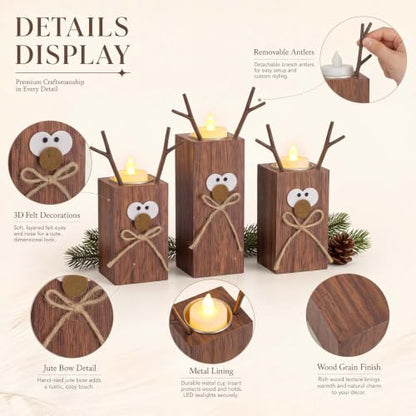 Set of 3 Rustic Wooden Reindeer Candle Holders for Christmas Decor