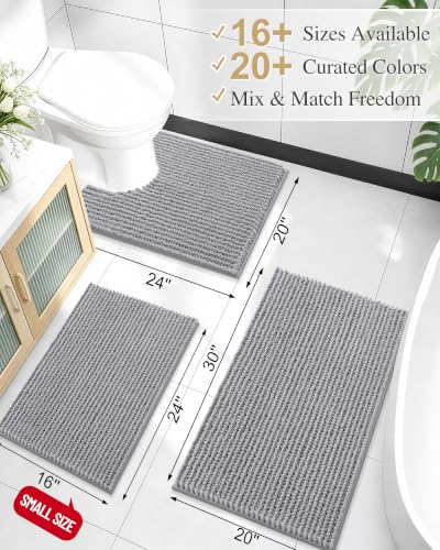 Grey Thick Bathroom Rug 30x20 Chenille Absorbent Non-Slip Bath Mat