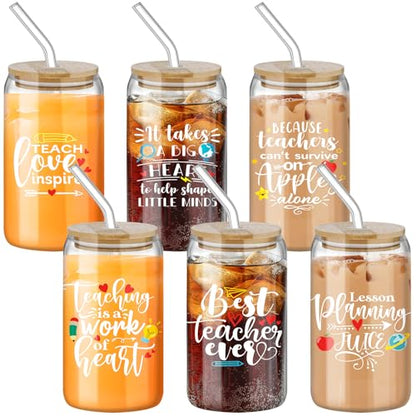 6 Pcs Teacher Appreciation Glass Cups with Straws & Lids - Inspirational Gifts