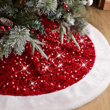 Christmas Tree Skirt 48 Inch Red Sequin with White Faux Fur - Holiday Decor
