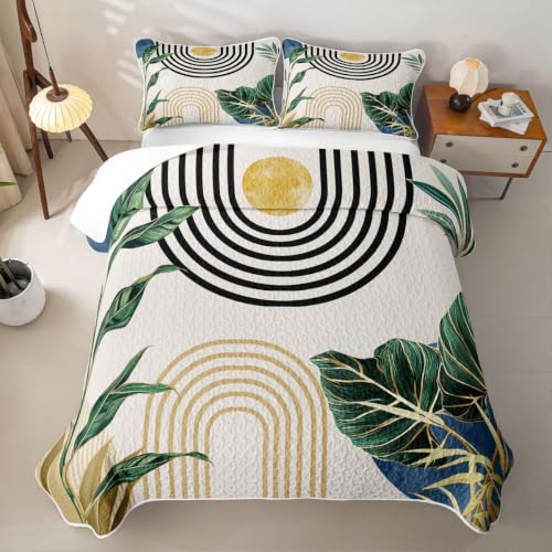 Boho Navy Blue and Green Quilt Set - Light Blue Abstract Bedspread, Queen Size