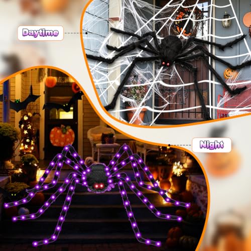 Outdoor Halloween Spider Web Lights with 250 LEDs and Purple Spider - Dark Purple Web Edition