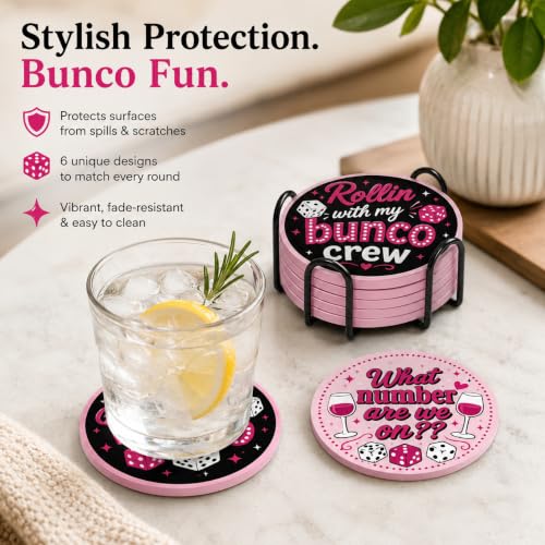 Pink Black Ceramic Coasters Set with Metal Holder - Bunco Party Supplies 6-Pack