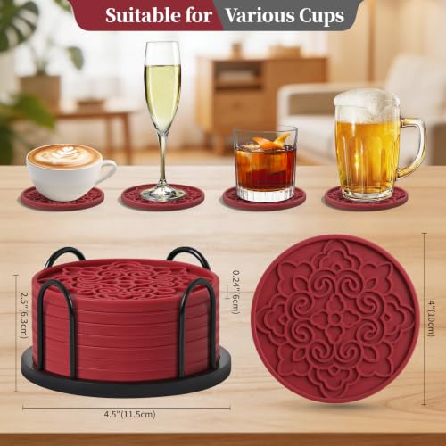 8 Pack Silicone Coasters Set with Holder - Wine Red, Non-Slip, Heat & Water-Resistant