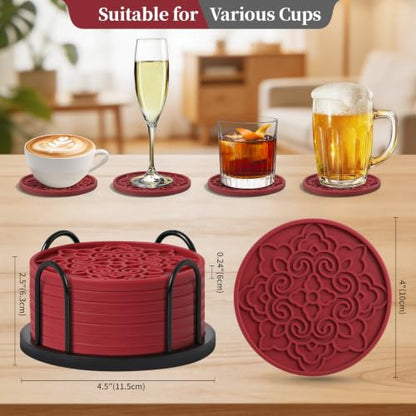 8 Pack Silicone Coasters Set with Holder - Wine Red, Non-Slip, Heat & Water-Resistant