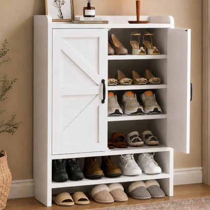 White Shoe Cabinet with 2 Barn Doors, 4-Tier Modern Storage, 23.6W x 35.8H