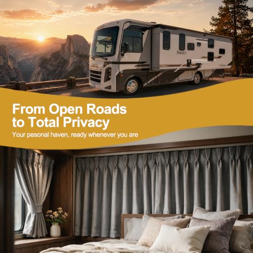 Grey RV Windshield Curtain Set 2 Pieces Blackout Privacy Window Cover with Tiebacks, Thick Linen Fabric, Easy Install