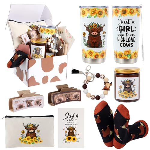 Highland Cow Gift Set with Tumbler Mug Makeup Bag Socks Keychain & Clips