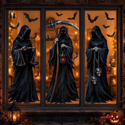 Large Halloween Grim Reaper Window Clings - Spooky Reaper & Bat Decorations
