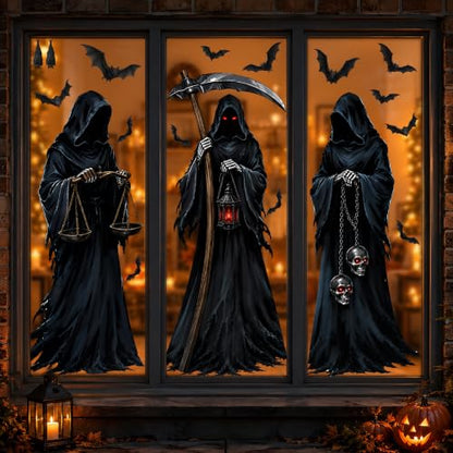 Large Halloween Grim Reaper Window Clings - Spooky Reaper & Bat Decorations
