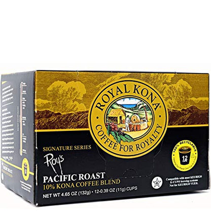 Royal Kona Roy's Pacific Roast, 10% Kona Coffee Blend, Medium-Dark Roast Single-Serve Coffee Pods, Compatible with Keurig® Brewers, A Taste of Aloha - (12 Count Box)