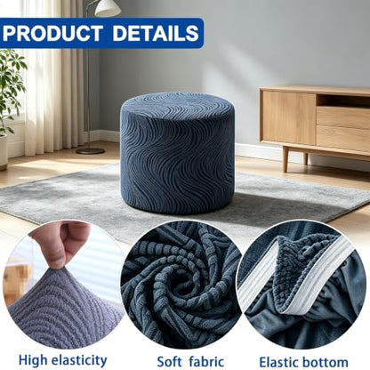 Small Round Jacquard Ottoman Cover with Elastic Fit - Light Gray D18xH16