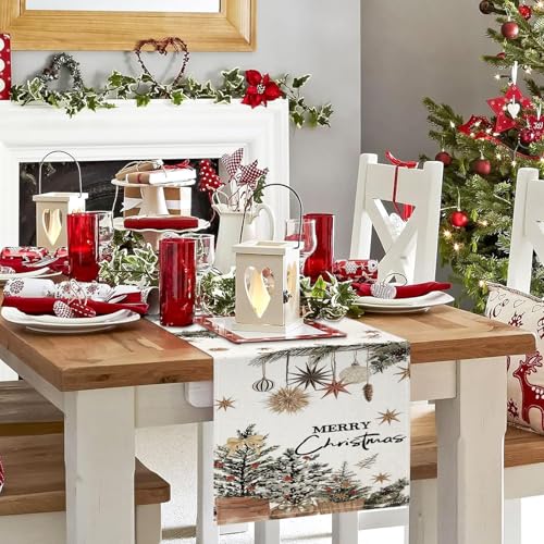 Beige Christmas Table Runner 13x72 Inches Holly Pine Cone Holiday Decor
