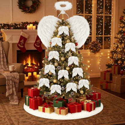 Angel Wing Feather Ornament Christmas Tree Decor Set with Plush Skirt - Variation: Angel Wings 2.56 ft