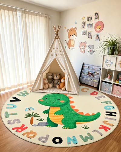 Kids Animal Print Round Play Rug with Dinosaur & ABC Letters - Multi Color, 4ft