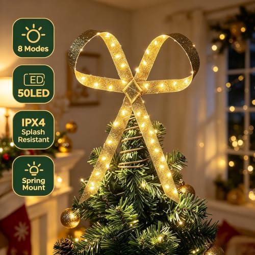 Gold Glitter LED Christmas Tree Topper Bow with 8 Light Modes, Waterproof
