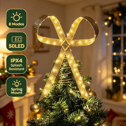 Gold Glitter LED Christmas Tree Topper Bow with 8 Light Modes, Waterproof