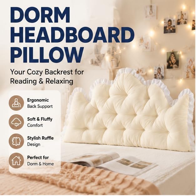 Twin XL Velvet Headboard Pillow with Crown Tufted Design and Ruffle Trim - Beige 39.37x21.65 in