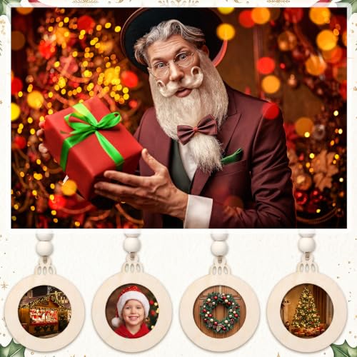Christmas Photo Frame Ornaments Set - 12 Wooden Holiday Decorations with Beads & Ropes (Classic)