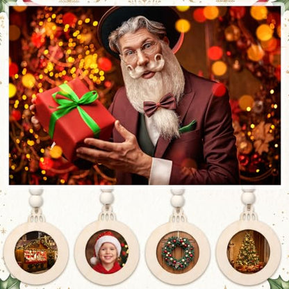 Christmas Photo Frame Ornaments Set - 12 Wooden Holiday Decorations with Beads & Ropes (Classic)