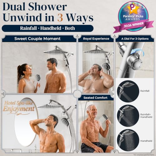 Chrome 10-Inch Square Shower Head with Handheld Multi-Pattern Spray
