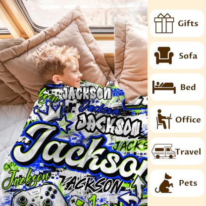 Custom Light Blue Gaming Blanket with Name for Boys - Kids Gift