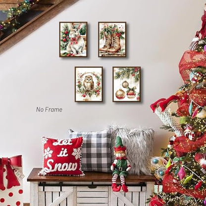 Unframed Christmas Wall Art Prints Set of 6 - Farmhouse Winter Holiday Decorations