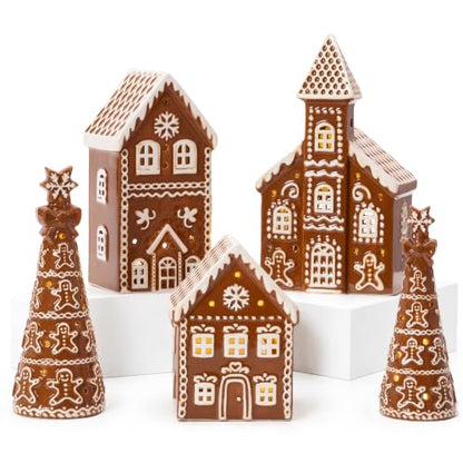 Gingerbread Christmas Decorations Set with Tea Lights - Ceramic Village Scene, Holiday Home Decor