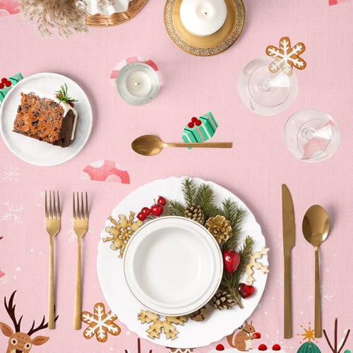 Pink Christmas Round Tablecloth 60x60 Inch Gingerbread House Reindeer Decoration