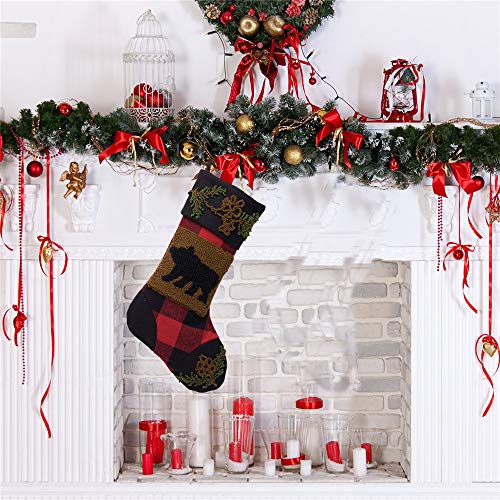 Rug Hooked Bear Christmas Stocking with Plaid Top - Holiday Decor, 18.9 Inch