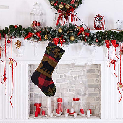 Rug Hooked Bear Christmas Stocking with Plaid Top - Holiday Decor, 18.9 Inch