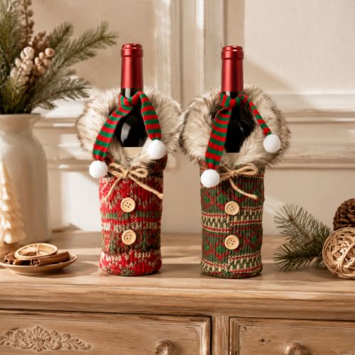 Christmas Santa Wine Bottle Cover Set - Style C, Plush Hat & Scarf, Holiday Table Decor