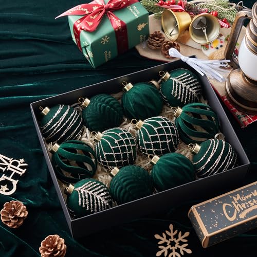 Christmas Balls Ornaments Set 12 Pcs White Flocked Decorations for Xmas Tree Holiday Wreath (Christmas Green & Gold)