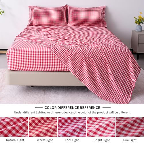 Checkered Red Cotton Queen Sheets Set - Gingham Bed Linen with Deep Pockets