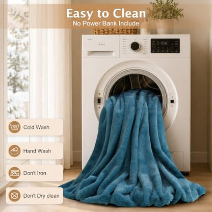 Dusty Blue Heated Faux Rabbit Fur Wearable Blanket with USB & Type-C